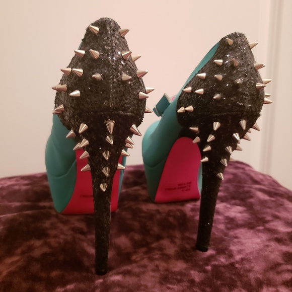 Teal & Black Studded Heels - Picture 3 of 4